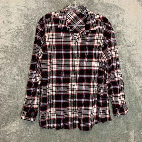 Eddie Bauer Women Classic Plaid Relaxed Boyfriend Fit Flannel Button Front Top M - Picture 1 of 11
